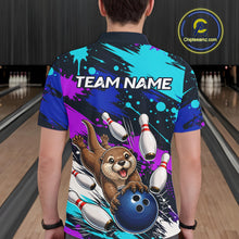 Load image into Gallery viewer, Person wearing a colorful bowling-themed shirt with an otter character in a bowling alley.