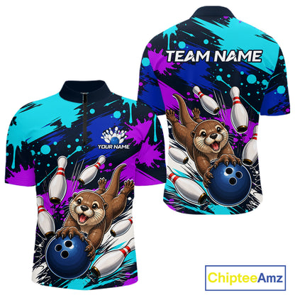 Colorful bowling-themed shirt with cartoon otters and customizable text on a white background