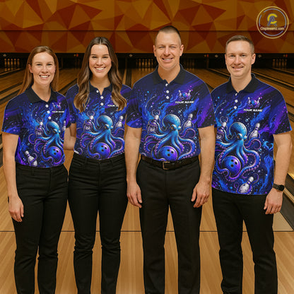 Men's Personalized Octopus Bowling Polo Shirt & Quarter Zip Pullover – Custom Team Bowling Jersey NHT1174