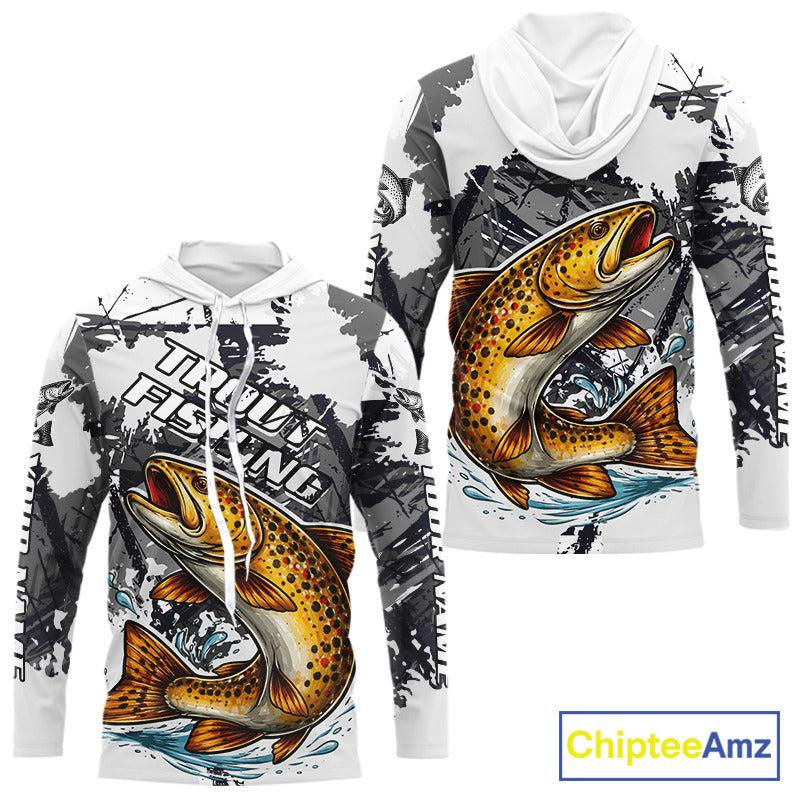 Brown Trout Fishing Shirt Long Sleeve Hooded, Tournament Fishing Shirts, Trout Fly Fishing Shirt NHT449