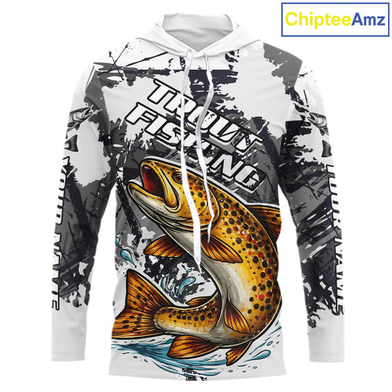 Brown Trout Fishing Shirt Long Sleeve Hooded, Tournament Fishing Shirts, Trout Fly Fishing Shirt NHT449