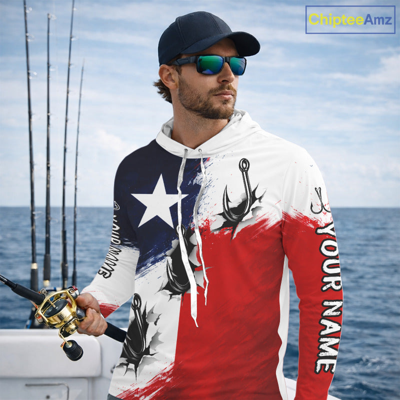Texas Fishing Fish Hooks Patriotic Fishing Shirt Long Sleeve Hooded, Custom Name Fishing Jerseys NHT664