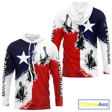 Load image into Gallery viewer, Texas Fishing Fish Hooks Patriotic Fishing Shirt Long Sleeve Hooded, Custom Name Fishing Jerseys NHT664