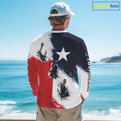 Texas Fishing Fish Hooks Patriotic Fishing Shirt Long Sleeve, Custom Name Fishing Jerseys NHT664