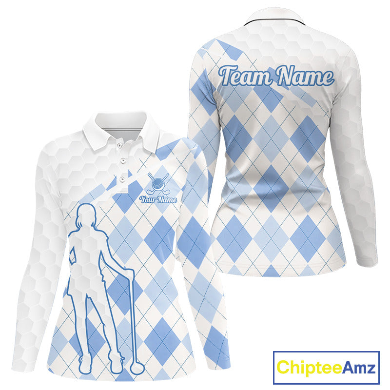 Personalized Blue White Argyle Plaid Pattern Womens Golf Polo Shirts, Blue Golf Tops For Womens NHT674
