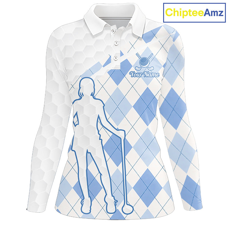 Personalized Blue White Argyle Plaid Pattern Womens Golf Polo Shirts, Blue Golf Tops For Womens NHT674