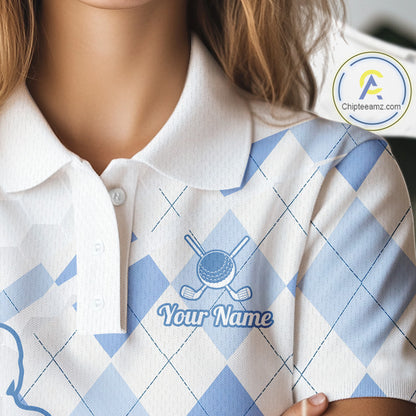 Personalized Blue White Argyle Plaid Pattern Womens Golf Polo Shirts, Blue Golf Tops For Womens NHT674