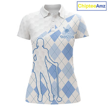 Load image into Gallery viewer, Personalized Blue White Argyle Plaid Pattern Womens Golf Polo Shirts, Blue Golf Tops For Womens NHT674