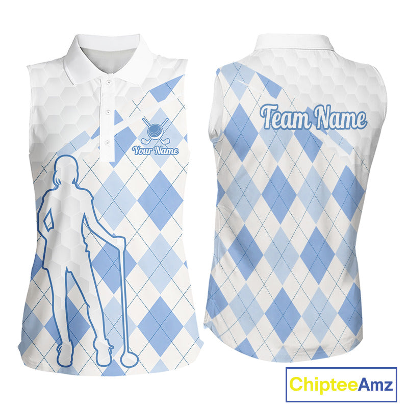 Personalized Blue White Argyle Plaid Pattern Womens Sleeveless Golf Polo Shirts, Blue Golf Tops For Womens NHT674