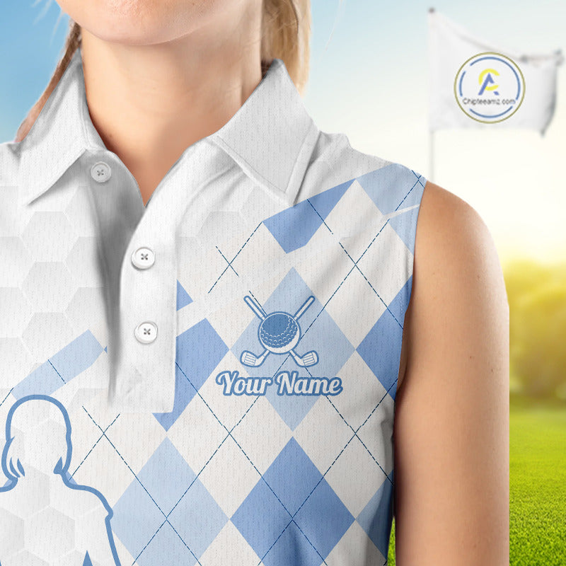 Personalized Blue White Argyle Plaid Pattern Womens Sleeveless Golf Polo Shirts, Blue Golf Tops For Womens NHT674