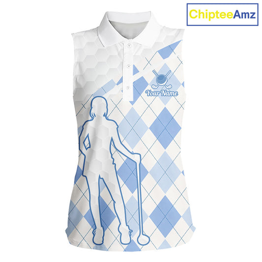 Personalized Blue White Argyle Plaid Pattern Womens Sleeveless Golf Polo Shirts, Blue Golf Tops For Womens NHT674
