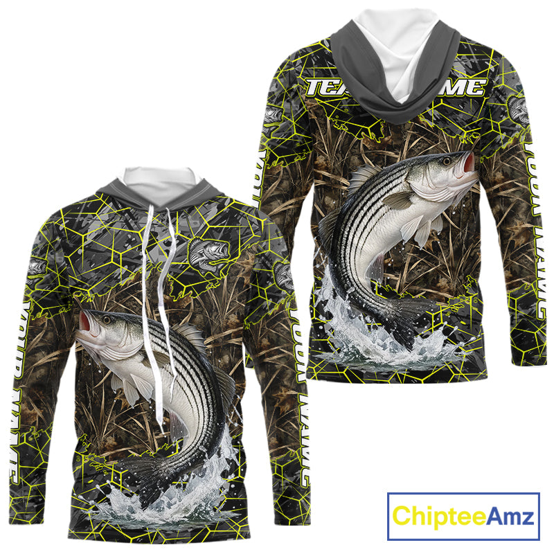 Striped Bass Custom Long Sleeve Hooded Fishing Shirts, Camouflage Striper Fishing Jerseys NHT518