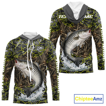 Striped Bass Custom Long Sleeve Hooded Fishing Shirts, Camouflage Striper Fishing Jerseys NHT518