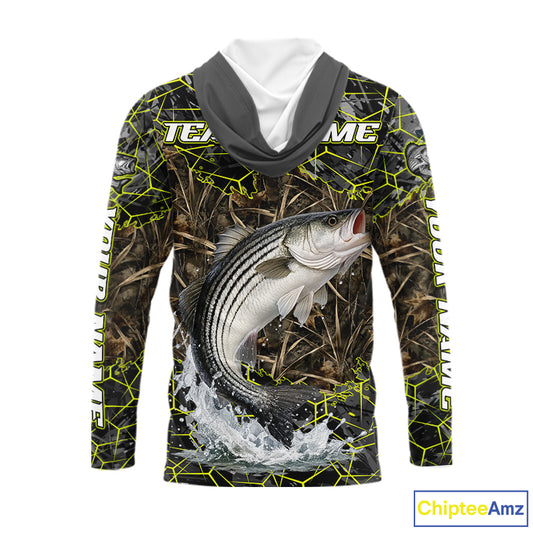 Striped Bass Custom Long Sleeve Hooded Fishing Shirts, Camouflage Striper Fishing Jerseys NHT518