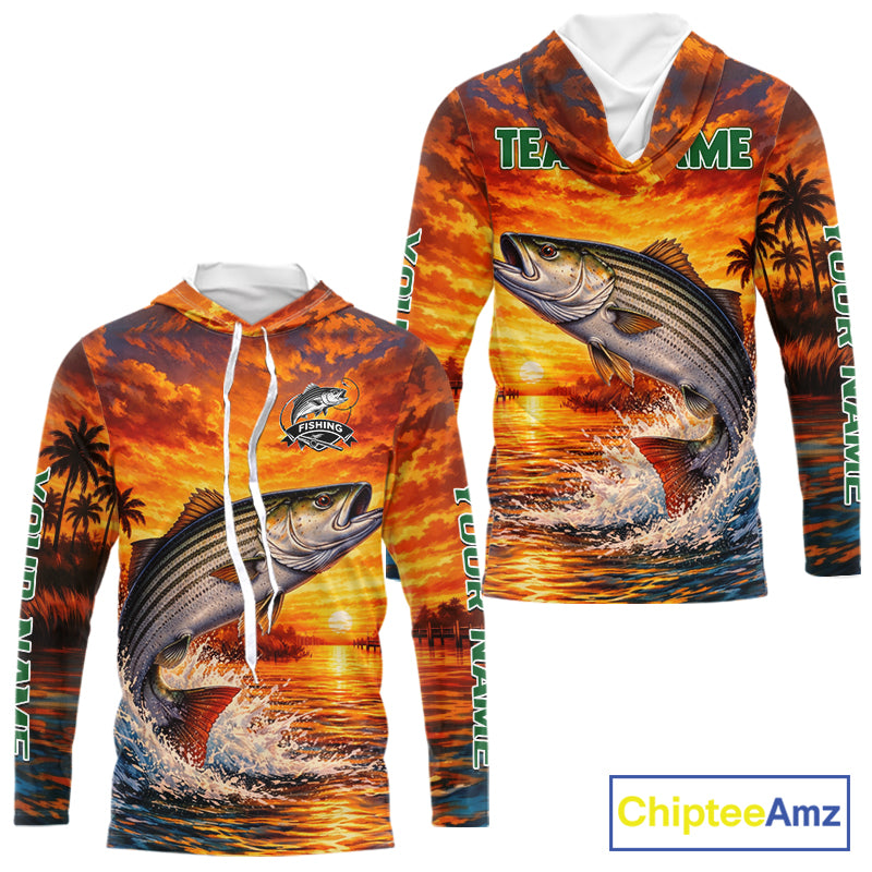 Personalized Striped Bass Fish Hooded Fishing Shirt Long Sleeve – Sunset Ocean Design NHT711