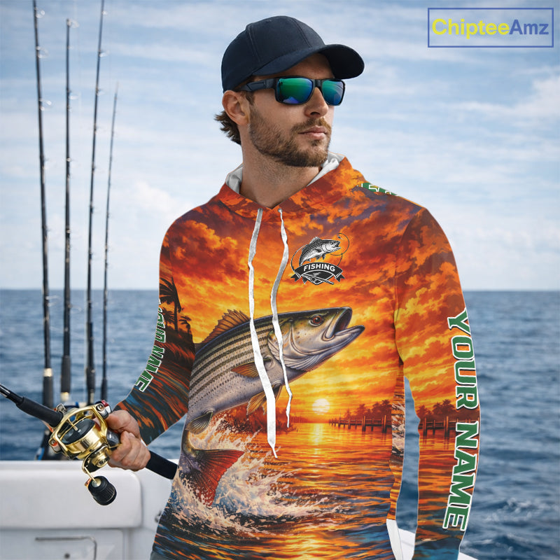 Personalized Striped Bass Fish Hooded Fishing Shirt Long Sleeve – Sunset Ocean Design NHT711