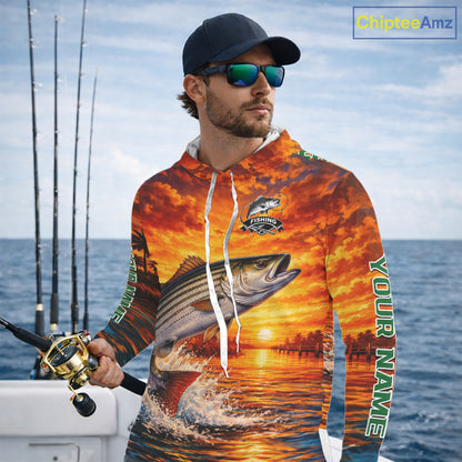 Personalized Striped Bass Fish Hooded Fishing Shirt Long Sleeve – Sunset Ocean Design NHT711