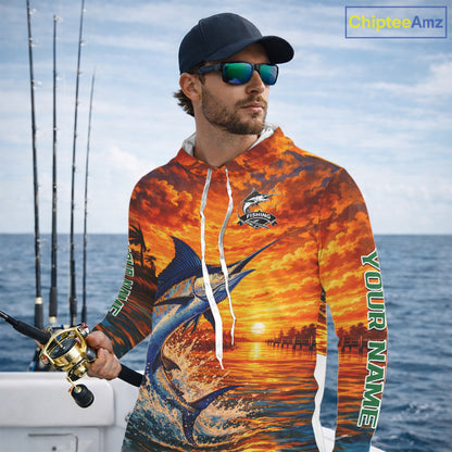Personalized Marlin Fish Hooded Fishing Shirt Long Sleeve – Sunset Ocean Design NHT714