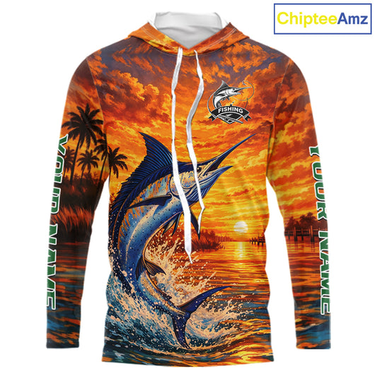 Personalized Marlin Fish Hooded Fishing Shirt Long Sleeve – Sunset Ocean Design NHT714