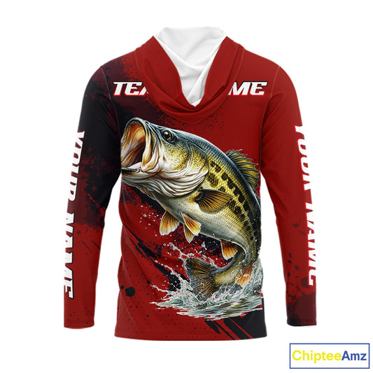 Bass Fishing Red Camo Custom Name UV Protection Fishing Shirts Long Sleeve Hooded For Men NHT528