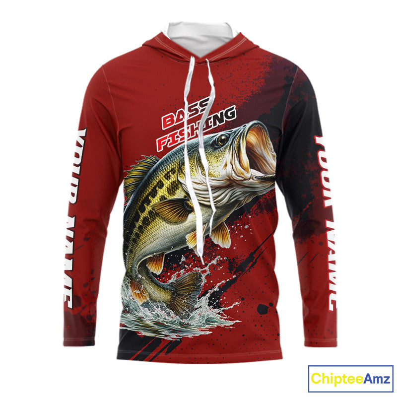 Bass Fishing Red Camo Custom Name UV Protection Fishing Shirts Long Sleeve Hooded For Men NHT528