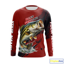Load image into Gallery viewer, Bass Fishing Red Camo Custom Name UV Protection Fishing Shirts Long Sleeve For Men NHT528