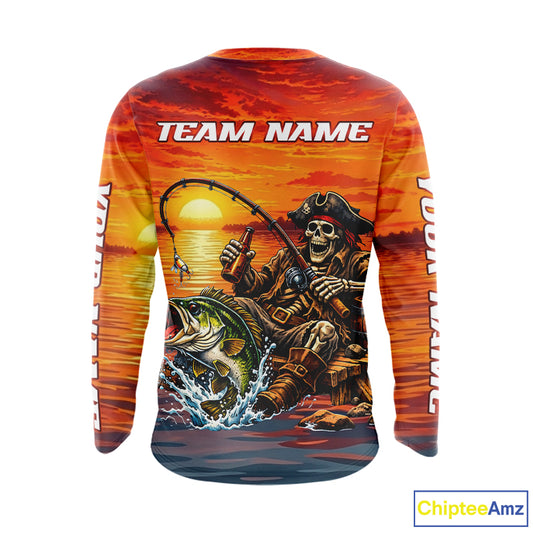 Skeleton Bass Fishing Shirts Long Sleeve – Sunset Fisherman Skull Design, Funny Fishing Gift For Anglers NHT536