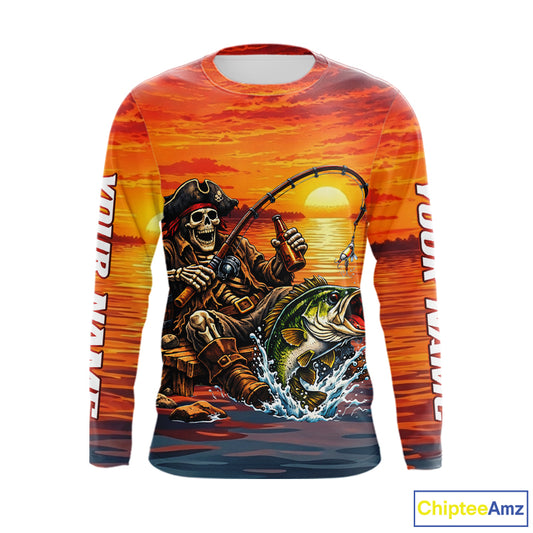 Skeleton Bass Fishing Shirts Long Sleeve – Sunset Fisherman Skull Design, Funny Fishing Gift For Anglers NHT536