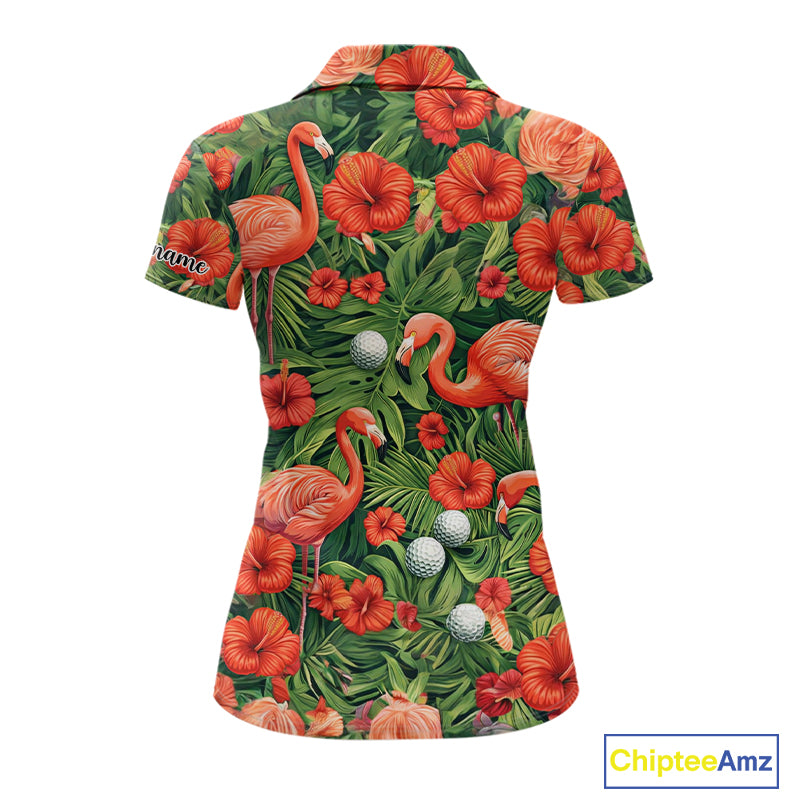 Custom Hibicus Flamingo Floral Golf Polo Shirts For Women, Flower Golf Team Shirts NHT540