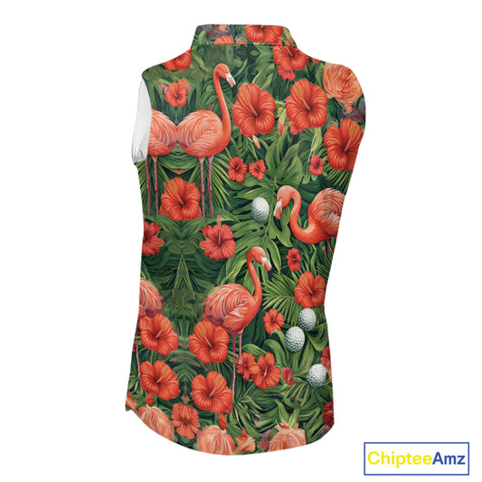 Custom Hibicus Flamingo Floral Golf Sleeveless Polo Shirts For Womens, Flower Golf Team Shirts NHT540
