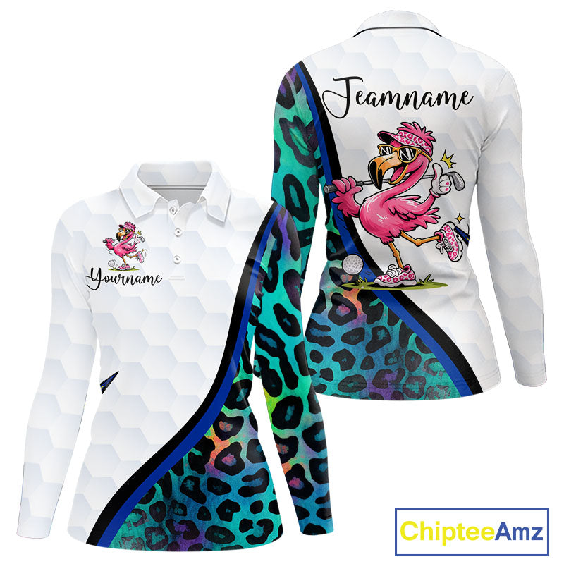Funny Pink Flamingo Custom Colorful Neon Leopard Team Golf Polo Shirt For Womens NHT544