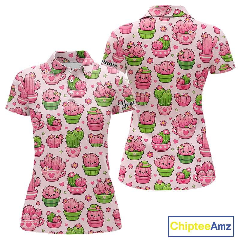 Cute Kawaii Cactus Womens Golf Polo Shirt, Funny Pink Cartoon Cactus Shirt NHT555