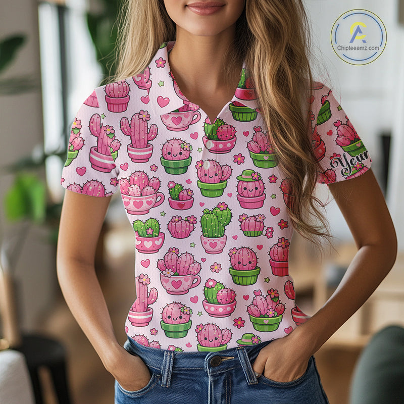 Cute Kawaii Cactus Womens Golf Polo Shirt, Funny Pink Cartoon Cactus Shirt NHT555