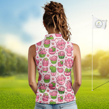 Load image into Gallery viewer, Cute Kawaii Cactus Womens Sleeveless Golf Polo Shirt, Funny Pink Cartoon Cactus Shirt NHT555