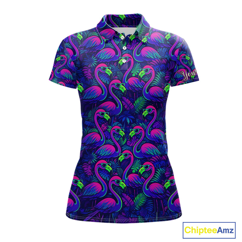 Womens Golf Polo Shirt Neon Flamingos Tropical Pattern Custom Name, Golfing Gifts NHT557