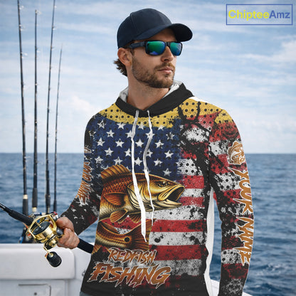 American Flag Custom Redfish Fishing Shirts Long Sleeve Hooded, Patriotic Redfish Fishing Jerseys NHT484