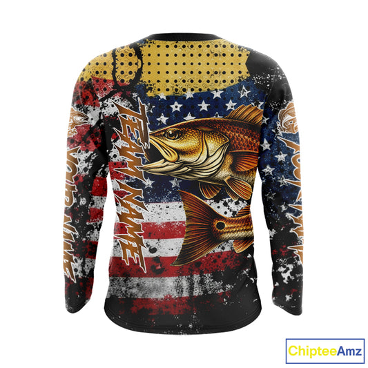 American Flag Custom Redfish Fishing Shirts Long Sleeve, Patriotic Redfish Fishing Jerseys NHT484