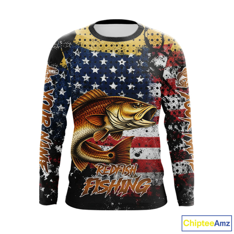 American Flag Custom Redfish Fishing Shirts Long Sleeve, Patriotic Redfish Fishing Jerseys NHT484