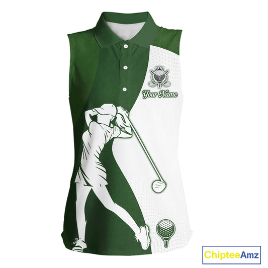Custom Green & White Womens Sleeveless Golf Polo Shirt, Golf Jersey Team Golf For Women NHT560