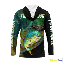Load image into Gallery viewer, Mahi Mahi (Dorado) Fishing Customize Name Hooded Fishing Shirts Long Sleeve For Men NHT569