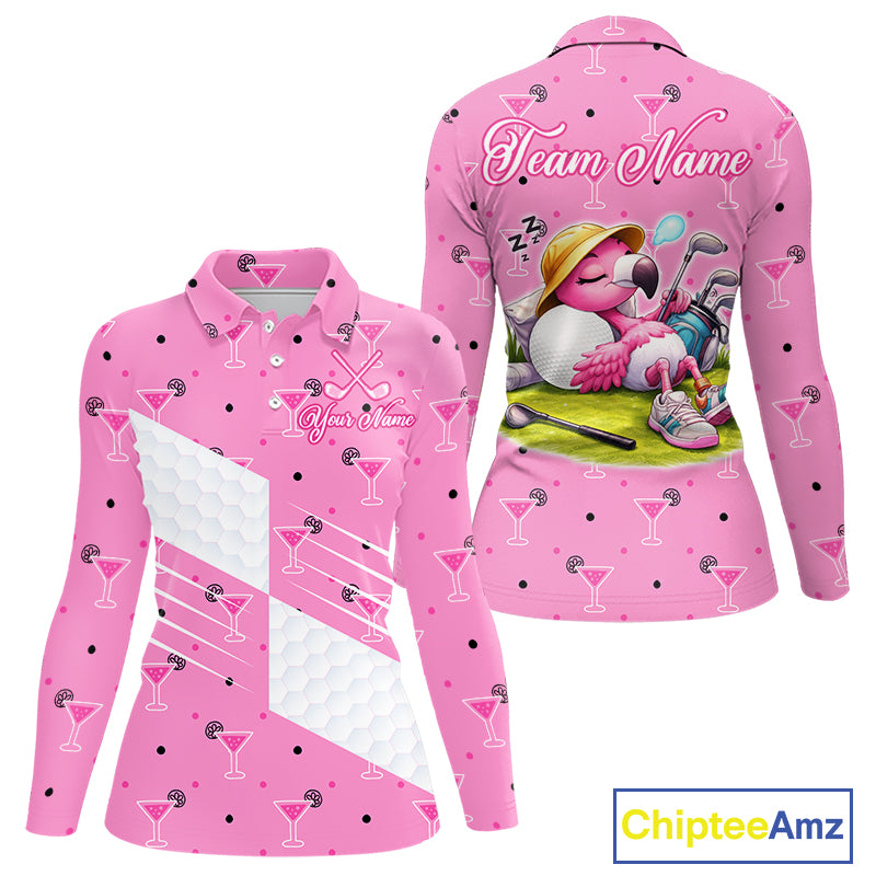 Personalized Womens Golf Polo Shirt With Flamingo Sleep– Funny Cartoon Pattern For Golfer NHT598