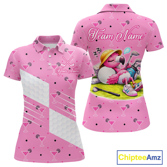 Personalized Womens Golf Polo Shirt With Flamingo Sleep– Funny Cartoon Pattern For Golfer NHT598