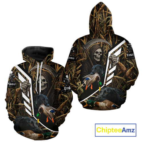 Waterfowl Hunting Shirt Camo Personalized with Black Lab Dog and Grim Reaper, Hunting Gifts NHT168