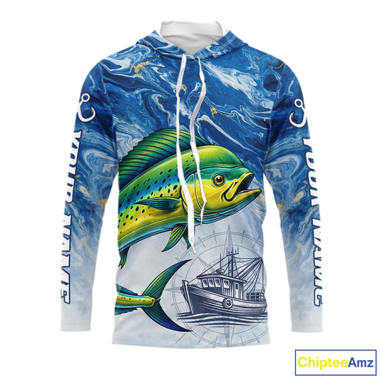 Personalized Mahi Mahi Fishing Shirt With Ocean Wave Graphic, Hooded Long Sleeve Fishing Apparel NHT612