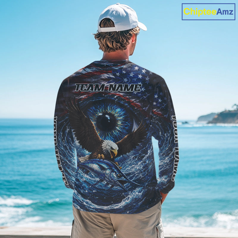 USA Eagle Marlin Fishing Shirt Long Sleeve – Custom Name Patriotic Ocean Eye Design NHT429