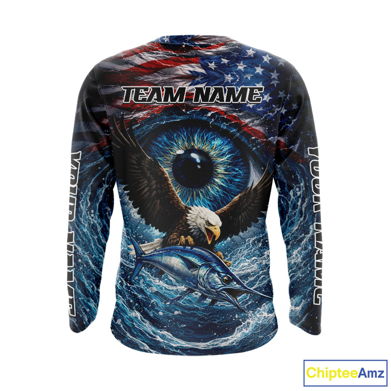 USA Eagle Marlin Fishing Shirt Long Sleeve – Custom Name Patriotic Ocean Eye Design NHT429