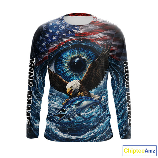 USA Eagle Marlin Fishing Shirt Long Sleeve – Custom Name Patriotic Ocean Eye Design NHT429