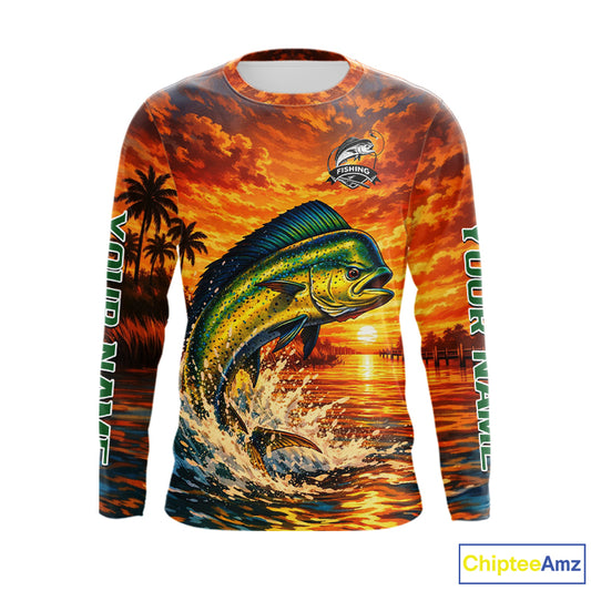 Personalized Mahi Mahi Dolphin Fish Fishing Shirt Long Sleeve – Sunset Ocean Design NHT433