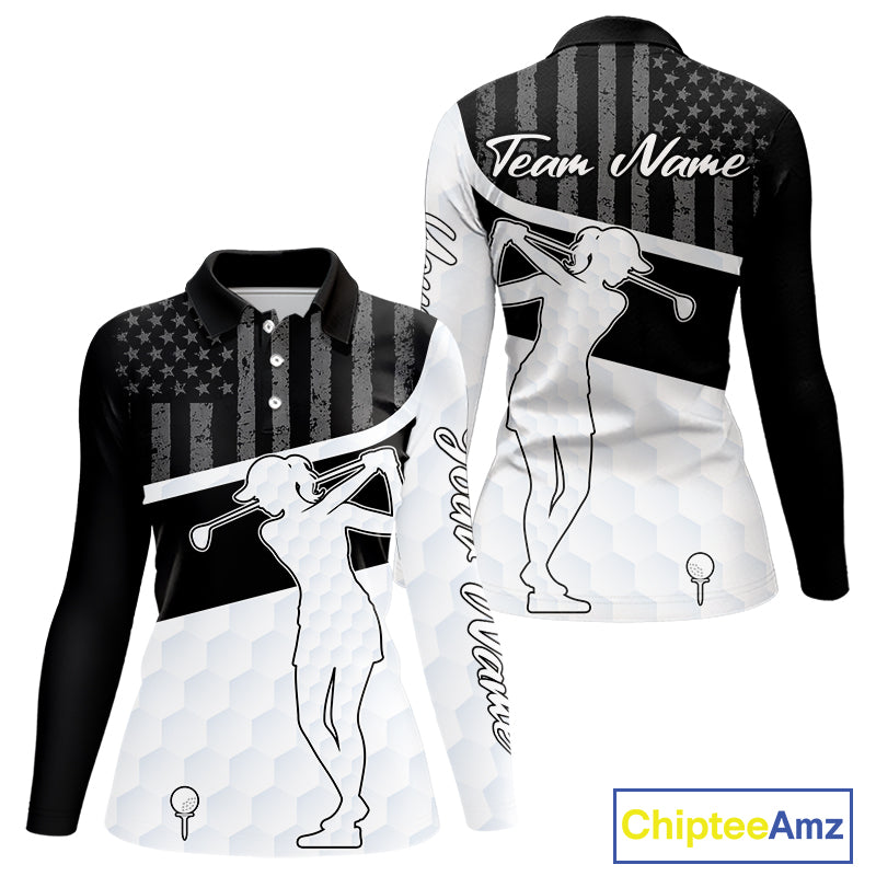Womens Golf Polo Shirt American Flag Patriotic Golf Shirts Custom Name Golf Gifts For Ladies NHT620