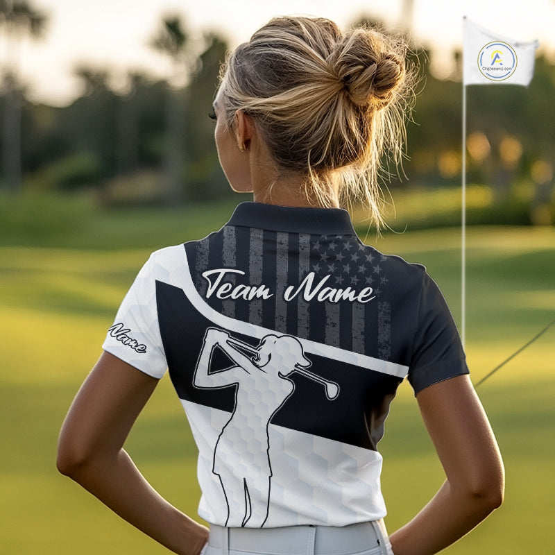 Womens Golf Polo Shirt American Flag Patriotic Golf Shirts Custom Name Golf Gifts For Ladies NHT620